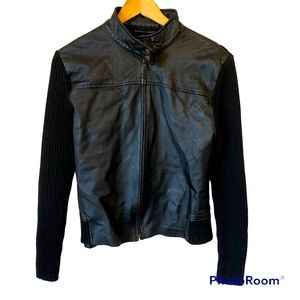 Black Leather Moto Sweater Jacket Women’s Size Large Bikercore Aviator